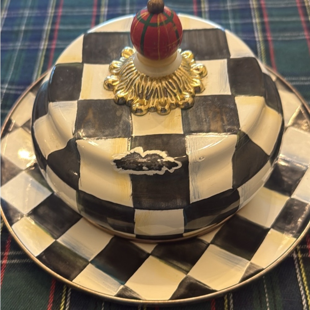 MacKenzie-Childs Black and White Checkered Butter Dish with Gold and Red Accents